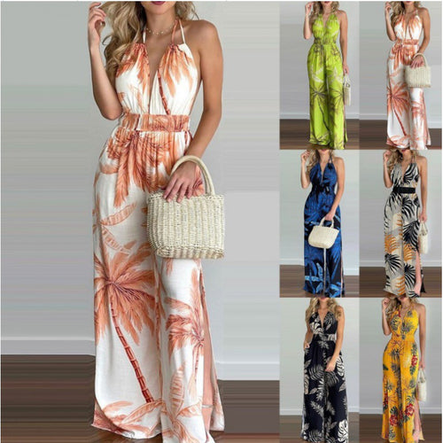Women Bohemian Halter Neck Maxi Jumpsuit with Side Slits Amarae