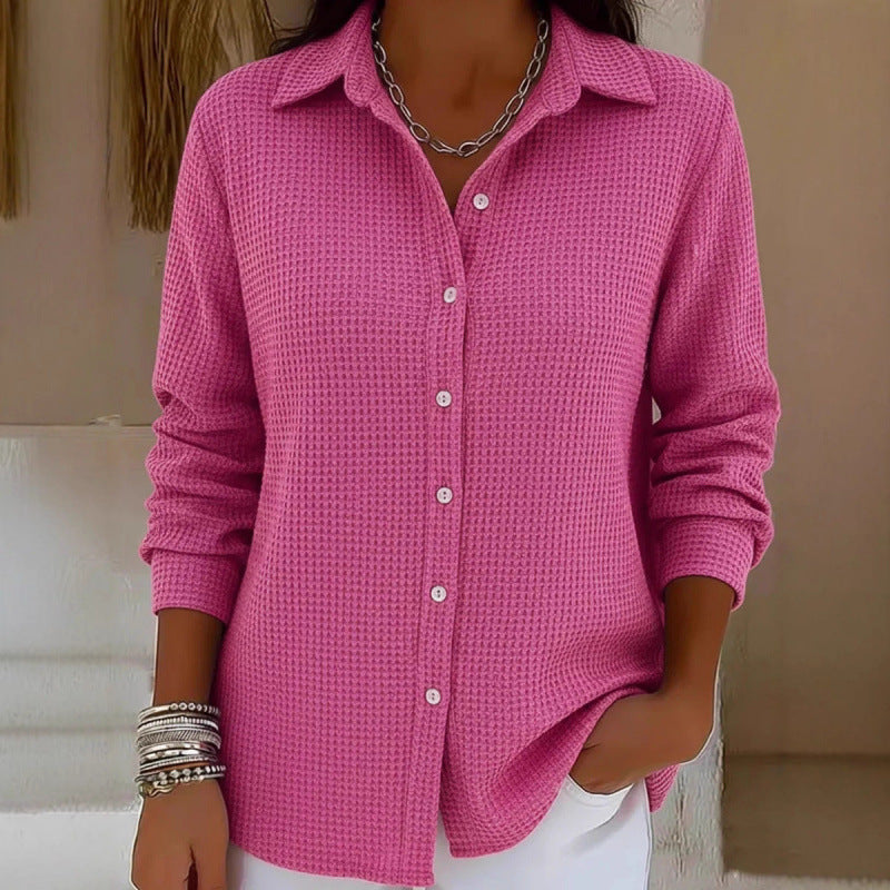Women's Structured Shirt Blouse in Waffle Knit with Classic Collar and Continuous Button Placket Amarae