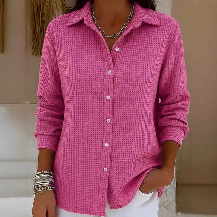 Women's Structured Shirt Blouse in Waffle Knit with Classic Collar and Continuous Button Placket Amarae