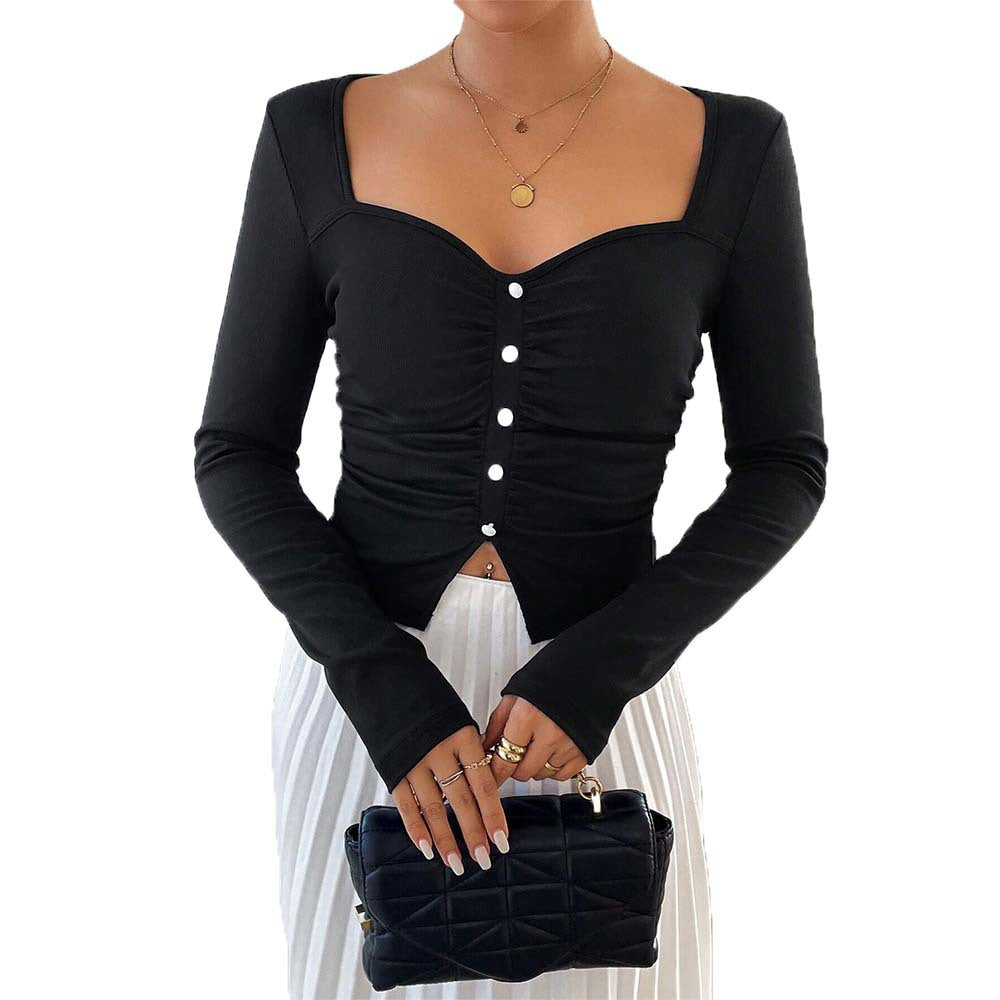 Haut court à manches longues pour femmes avec détail de bouton décoratif et design froncé Chic & Stil