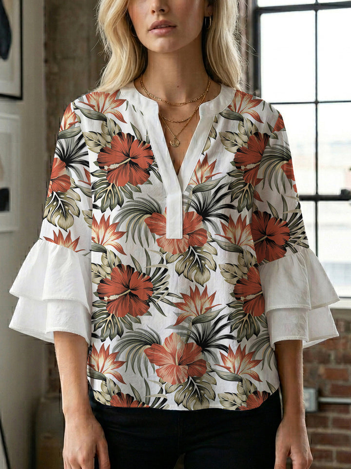 Women's casual blouse with ruffled sleeves and botanical print Lune London