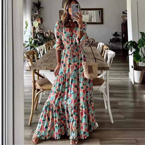 Maxi dress for women with a knotted V-neckline and voluminous sleeves Amarae