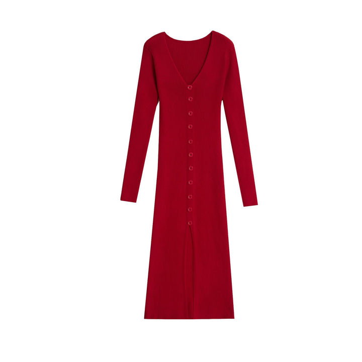 Robe en tricot pour femmes avec des détails de boutonnage haute et un décolleté en V profond Chic & Stil