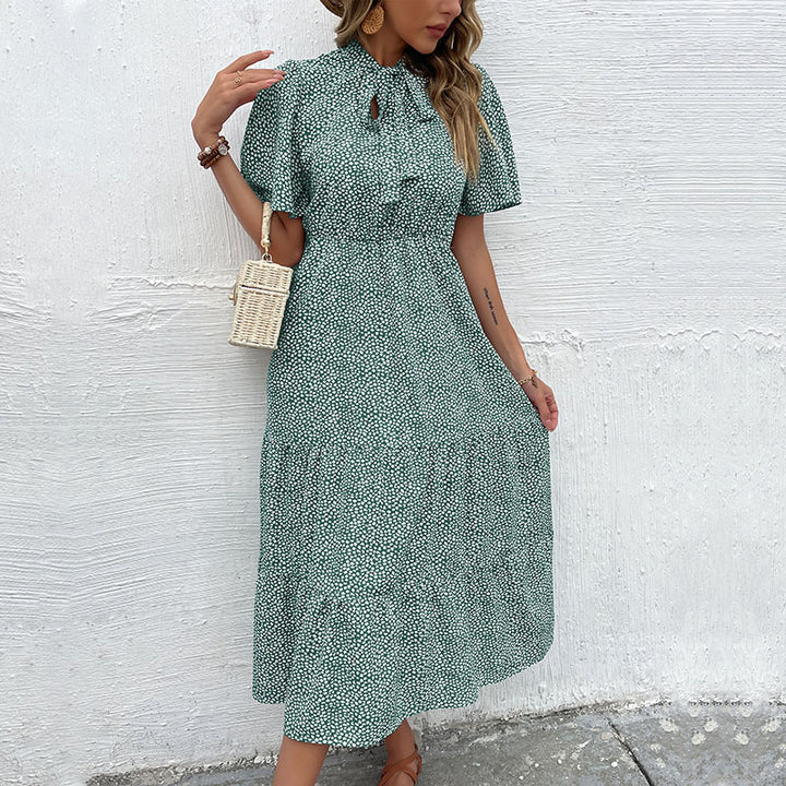 Maxi ruffled dress for women with bow collar Lune London