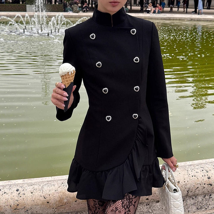 Women Tailored Double-Breasted Short Blazer with Stand Collar, Flounce Hem and Heart Button Detail