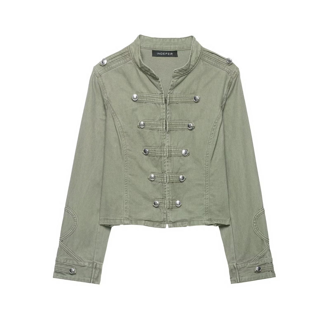 Women's short jacket in military look with stand-up collar, decorative flaps, and quilted sleeve patches Amarae