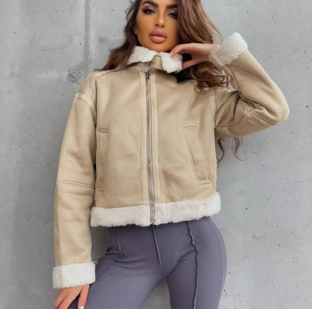 Women's Short Aviator Jacket with Teddy Lining and Faux Leather Look Amarae