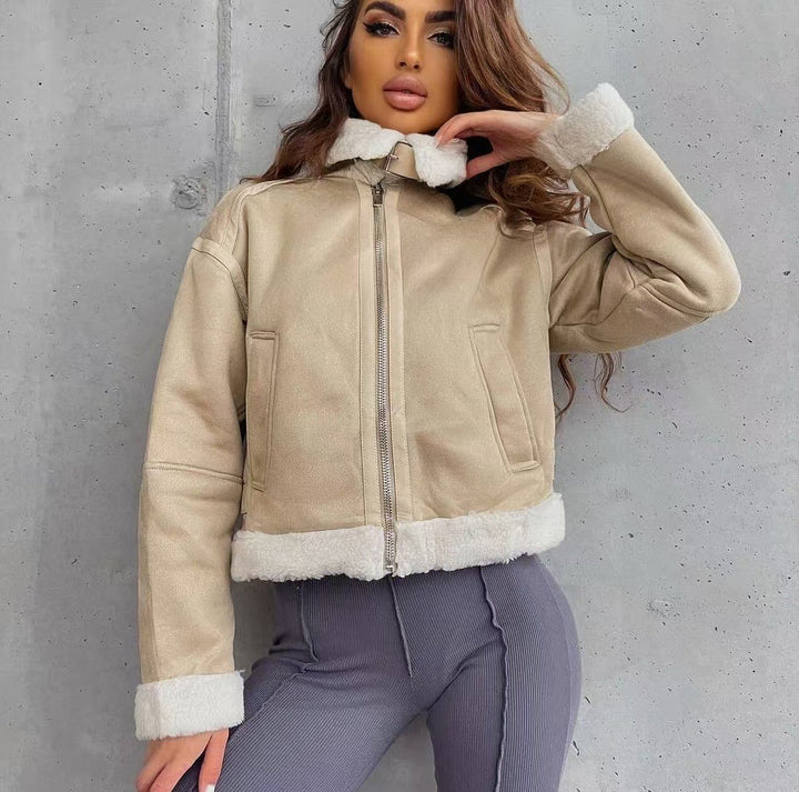 Women's Short Aviator Jacket with Teddy Lining and Faux Leather Look Amarae