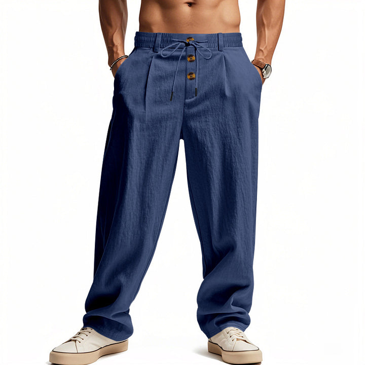 Casual linen pants for men with elastic waistband and practical buttons Lune London