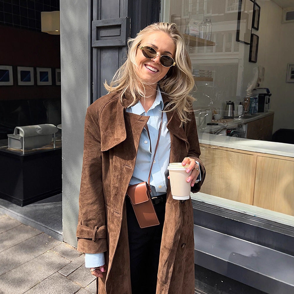 Women Maxi Long Suede Trench Coat with Tied Belt Amarae
