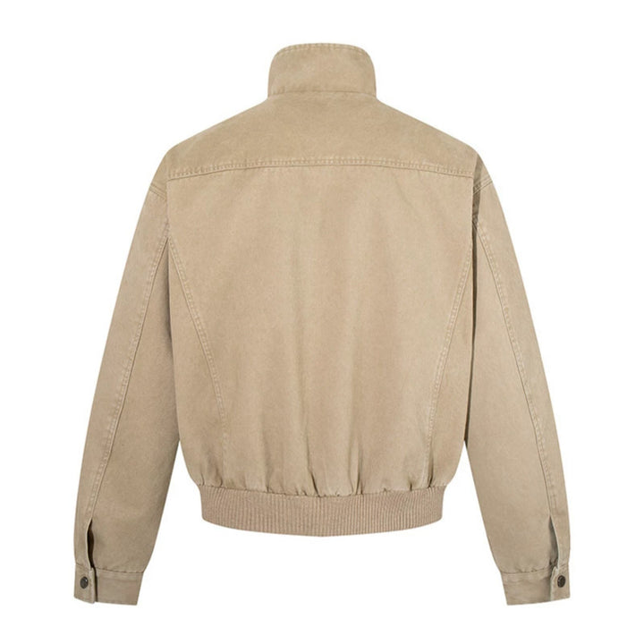 Men's short-cut utility bomber jacket made of cotton canvas with stand-up collar, concealed snap button placket, and ribbed hem Amarae