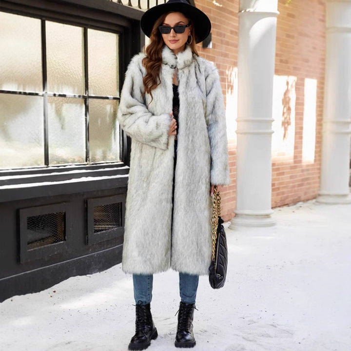Ladies Long faux fur coat with high collar and pockets Lune London