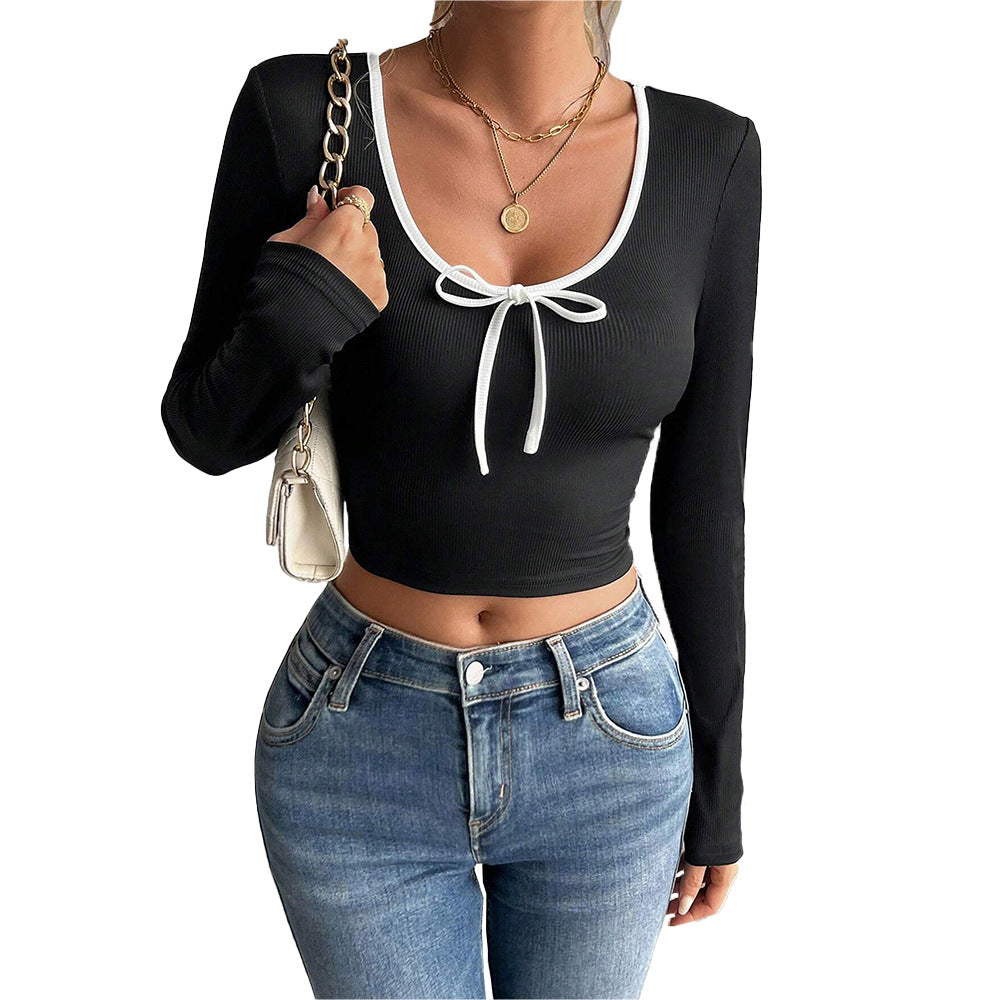 Femme Haut Court À Manches Longues Avec Nœud Décoratif Et Structure En Rib Élégante Chic & Stil