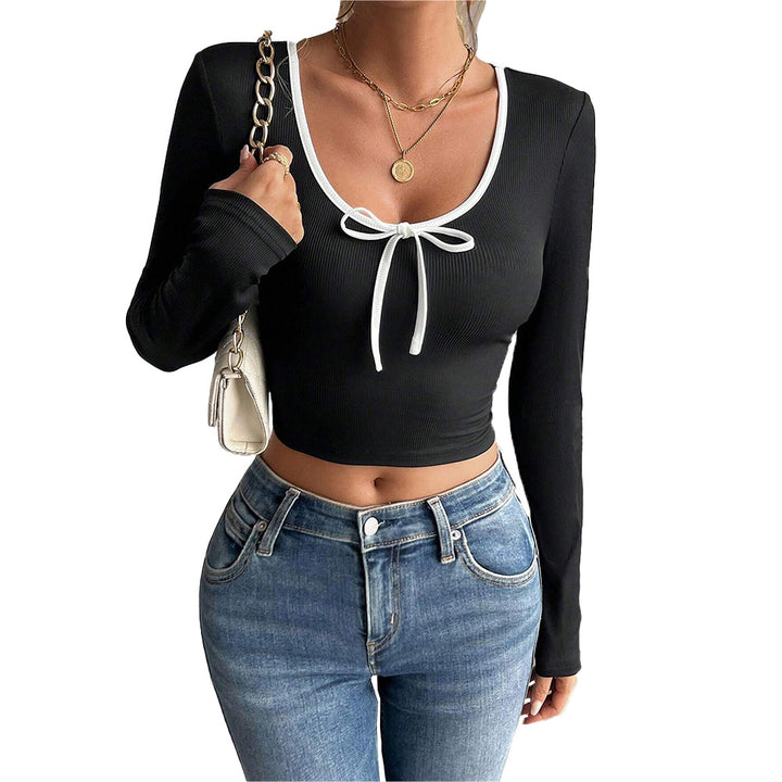 Femme Haut Court À Manches Longues Avec Nœud Décoratif Et Structure En Rib Élégante Chic & Stil