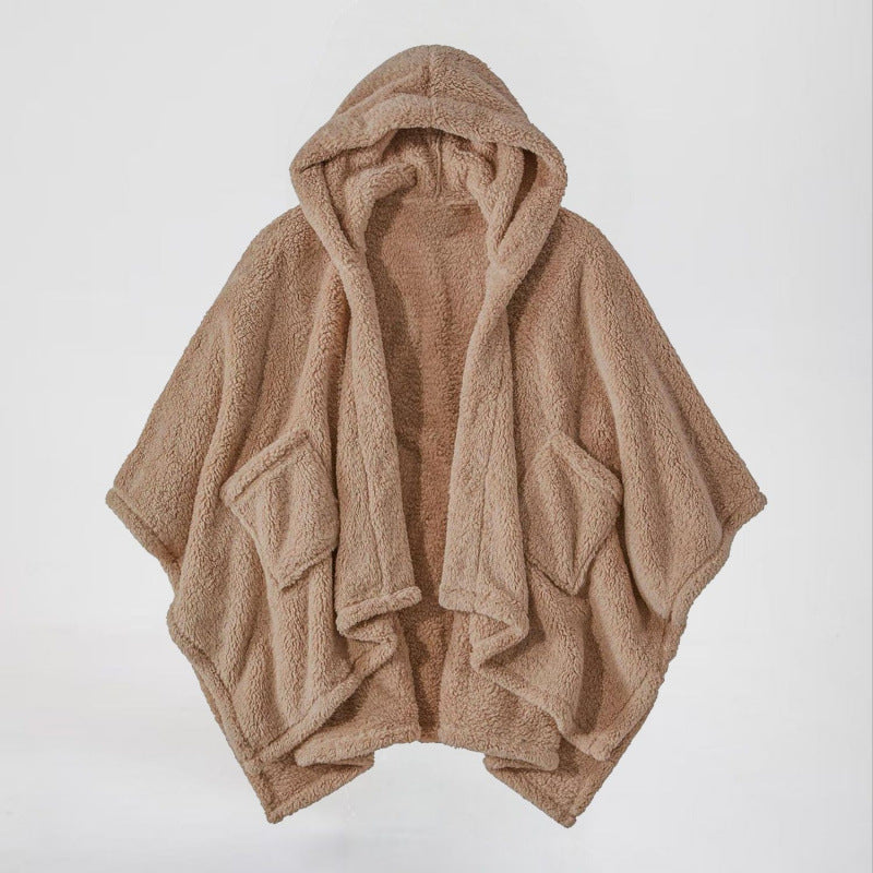 Women's Hooded Poncho made of Teddy Fleece with Applied Pockets Amarae