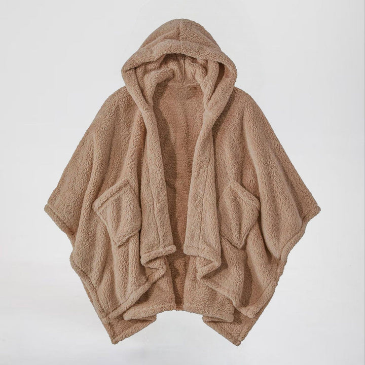 Women's Hooded Poncho made of Teddy Fleece with Applied Pockets Amarae