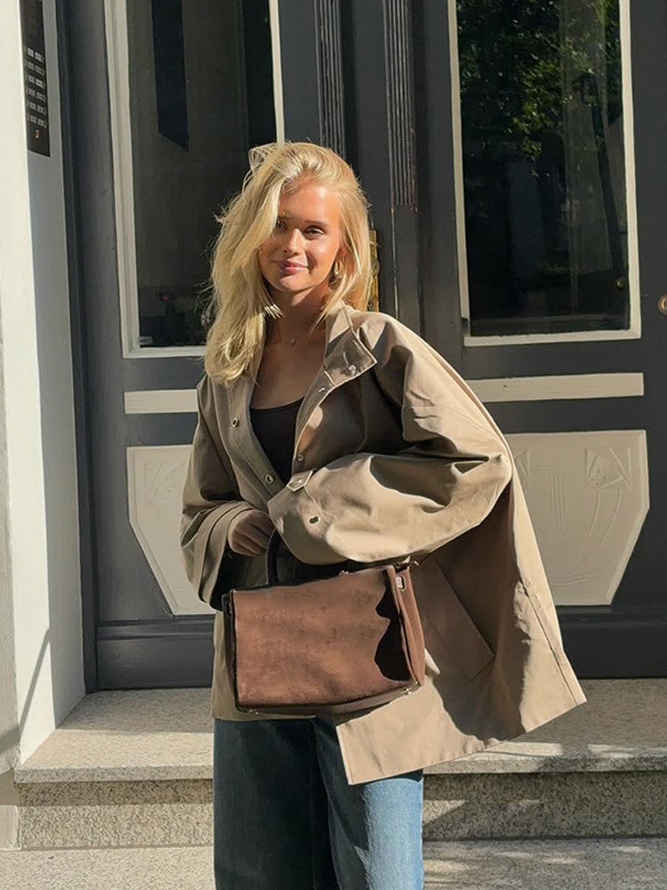 Women's oversized short coat in trench look with boxy silhouette and concealed snap button placket Amarae