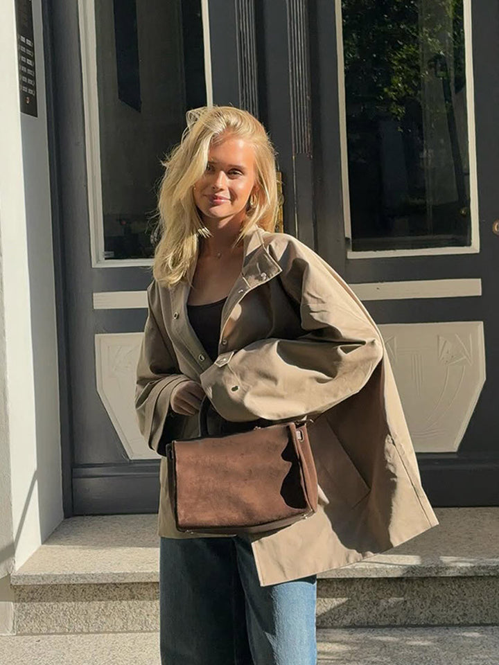 Women's oversized short coat in trench look with boxy silhouette and concealed snap button placket Amarae