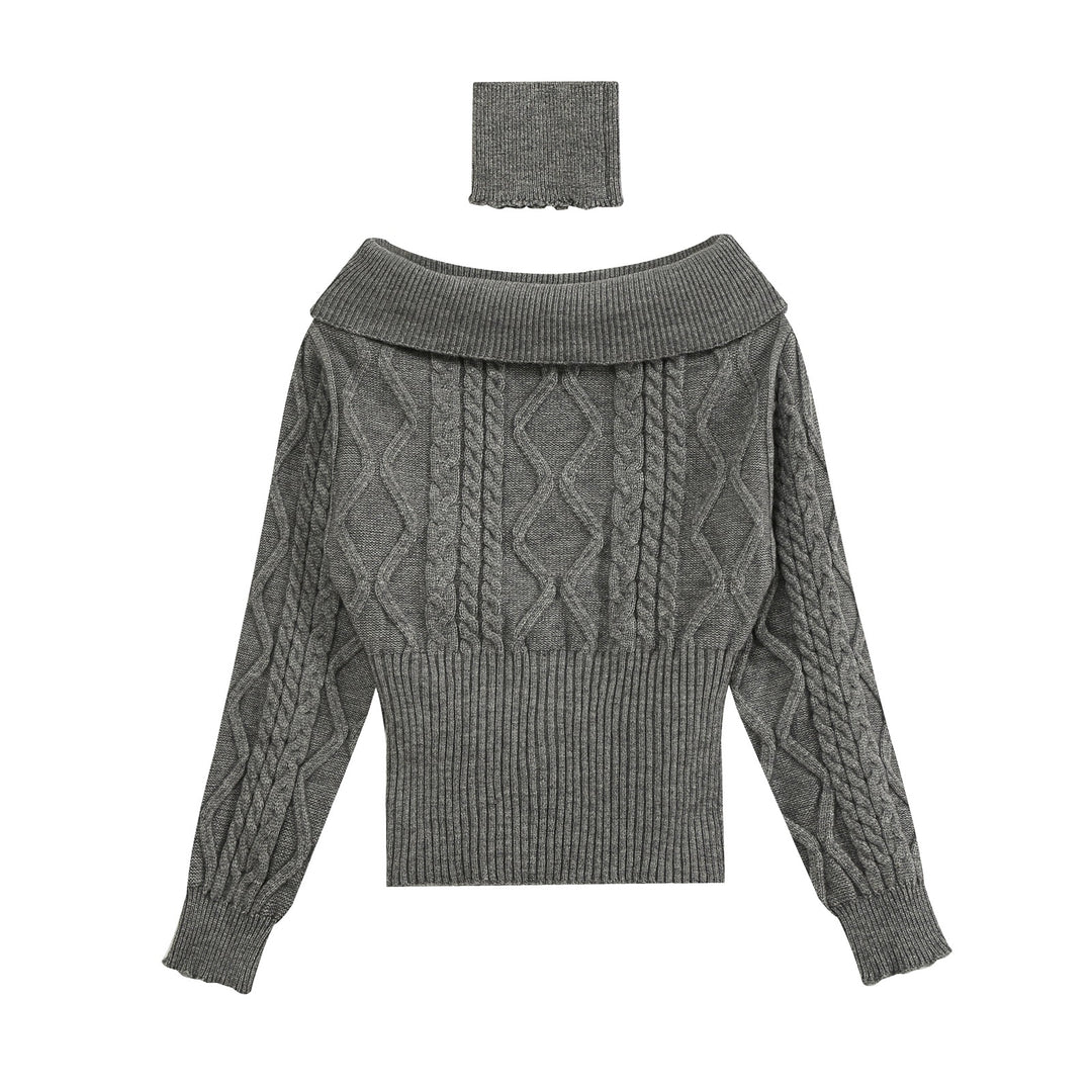 Women's Off-Shoulder Cable Knit Sweater with Wide Ribbed Cuff and Folded Collar Amarae