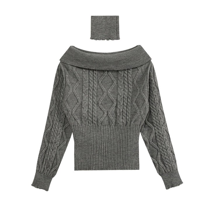 Women's Off-Shoulder Cable Knit Sweater with Wide Ribbed Cuff and Folded Collar Amarae