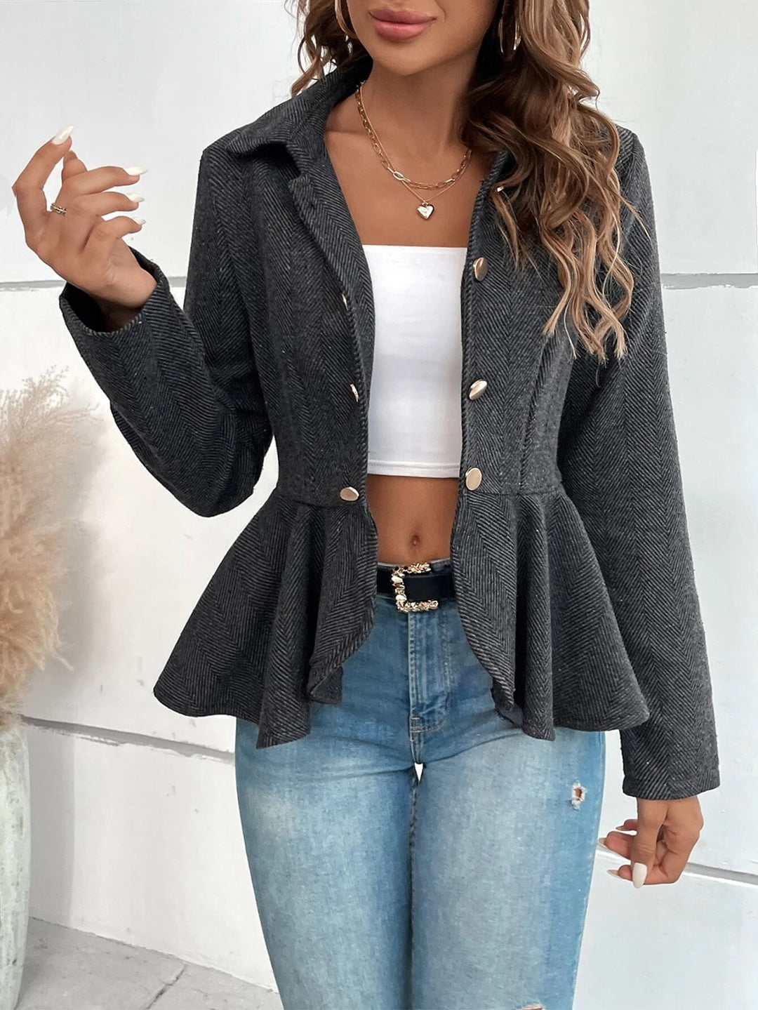 Chic fitted blazer jacket for women with asymmetrical hem and button details Lune London