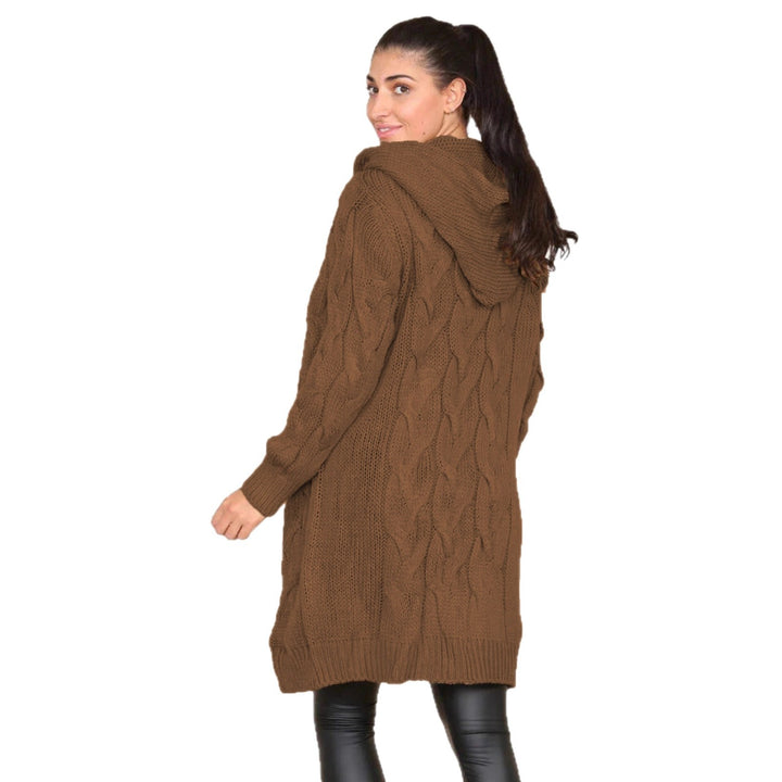 Long knitted coat for women with an elegant cable pattern and hood Lune London