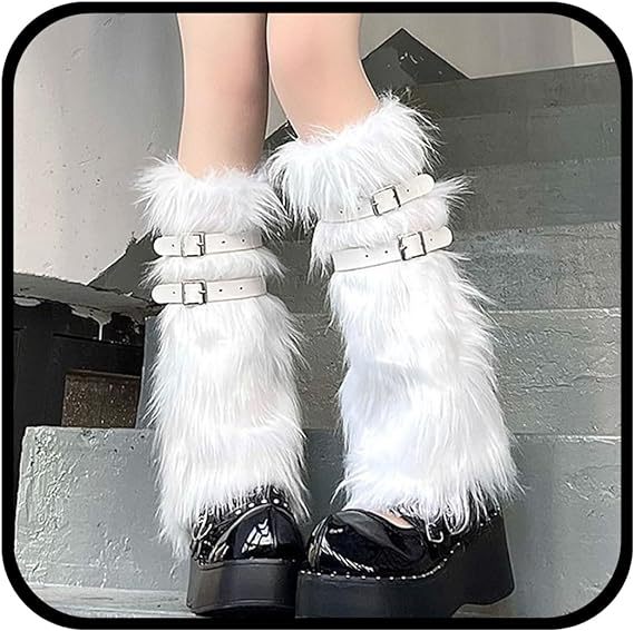 Women's Long Faux Fur Leg Warmers with Adjustable Buckles and Platform Cuffs Amarae