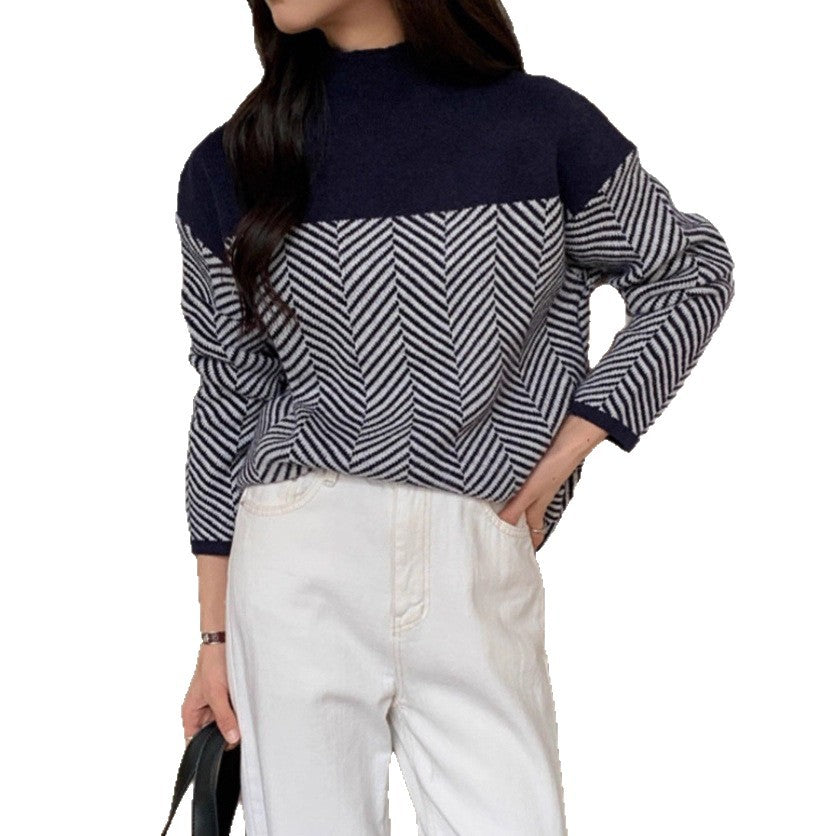 Women chunky knit sweater with high neck and zigzag pattern Lune London