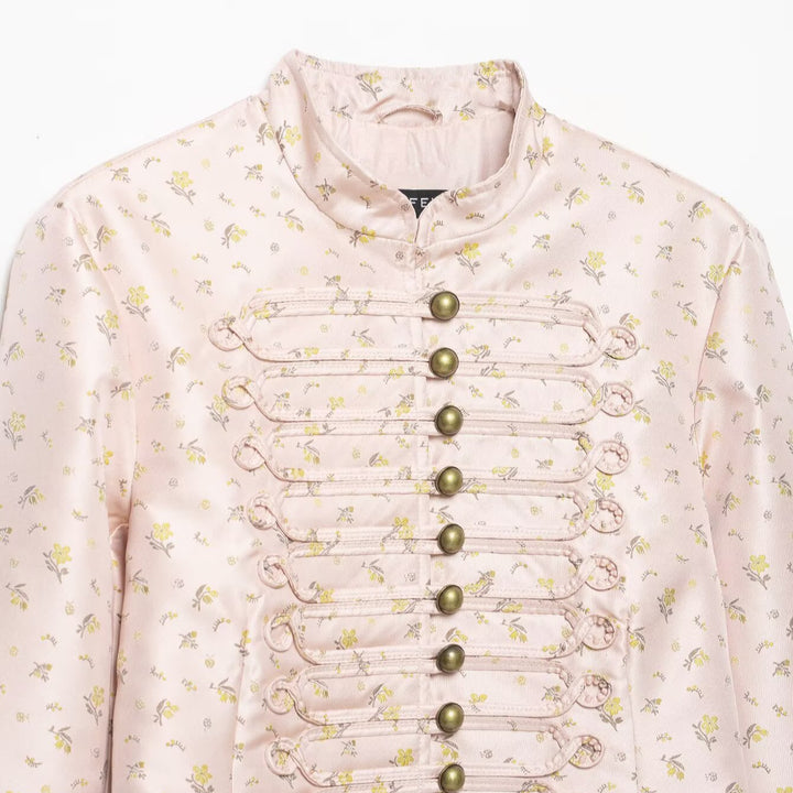 Women Cropped Satin Military Jacket with Stand-Up Collar and Decorative Frog Closure Amarae