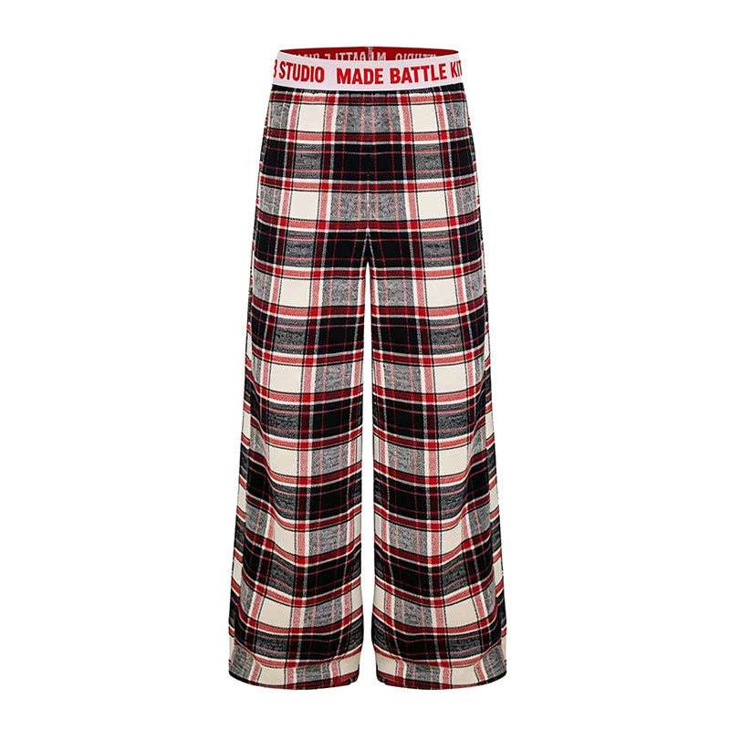 Ladies Wide Lounge Pants with Check Pattern and Elastic Logo Waistband Amarae