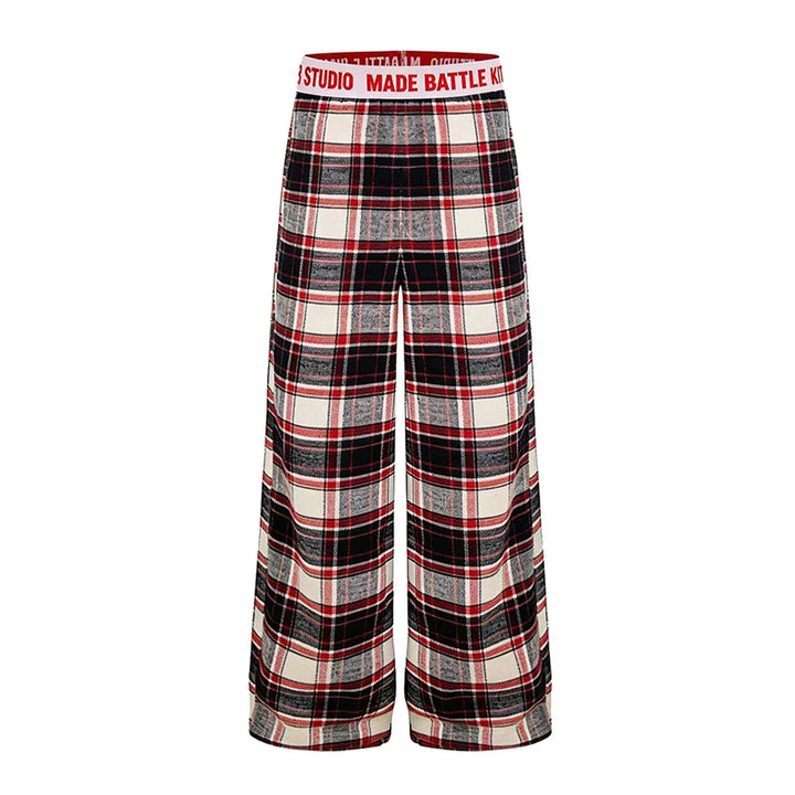 Ladies Wide Lounge Pants with Check Pattern and Elastic Logo Waistband Amarae