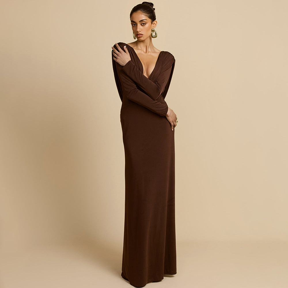 Elegant maxi dress for women with deep V-neck and long sleeves Lune London