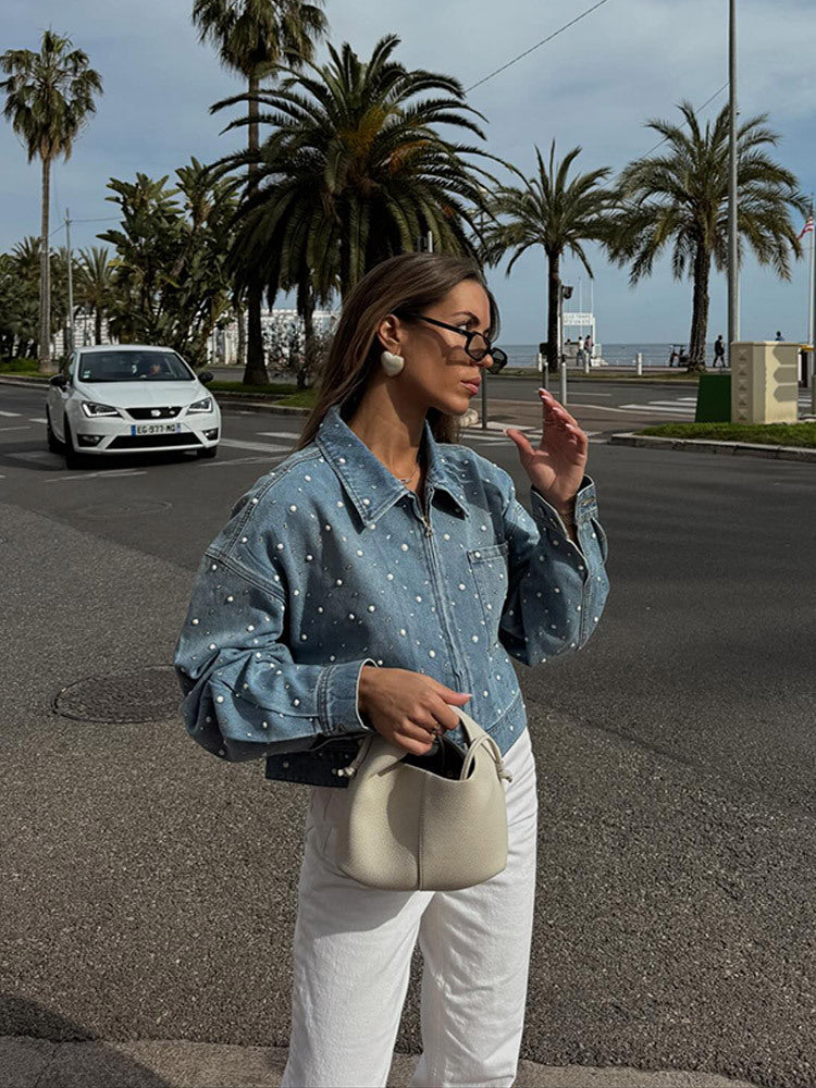 Women Cropped Denim Jacket with Pearl Detail and Oversized Sleeves Amarae