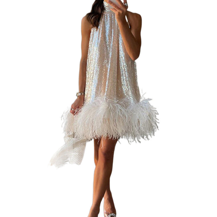 Women's sequin dress with feather trim and stand-up collar Amarae