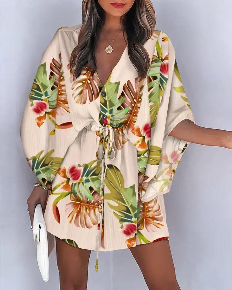 Shirt dress women with floral design and V-neck Lune London