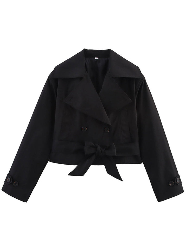 Women Short Double-Breasted Trench Coat with Waist Belt and Wide Lapel Amarae