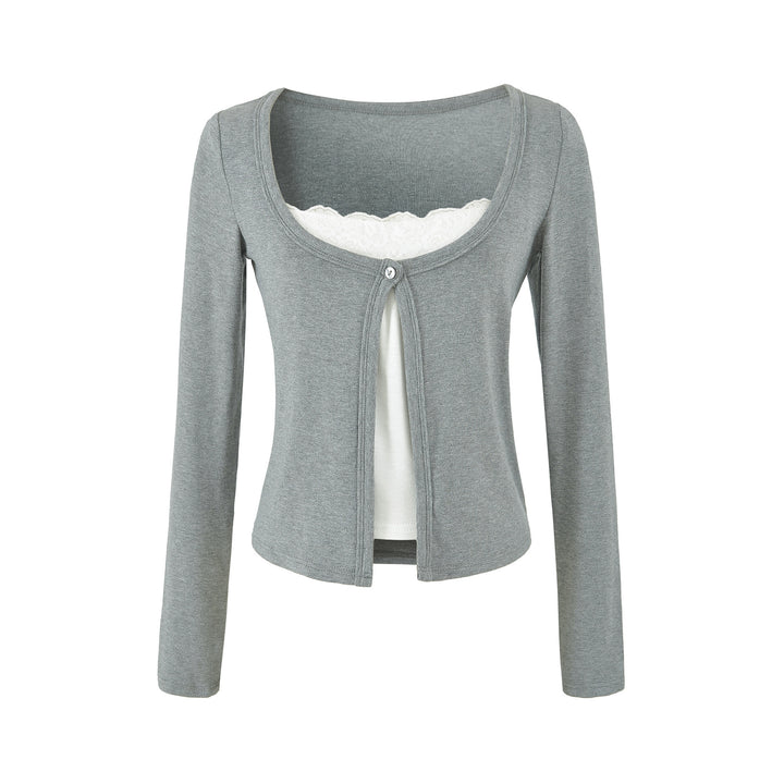 Women's layered cardigan with integrated lace cami and single-button closure Amarae
