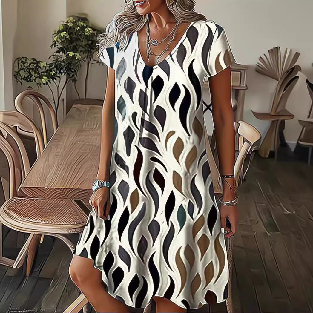 Fluid V-neck midi dress for women with abstract pattern Lune London