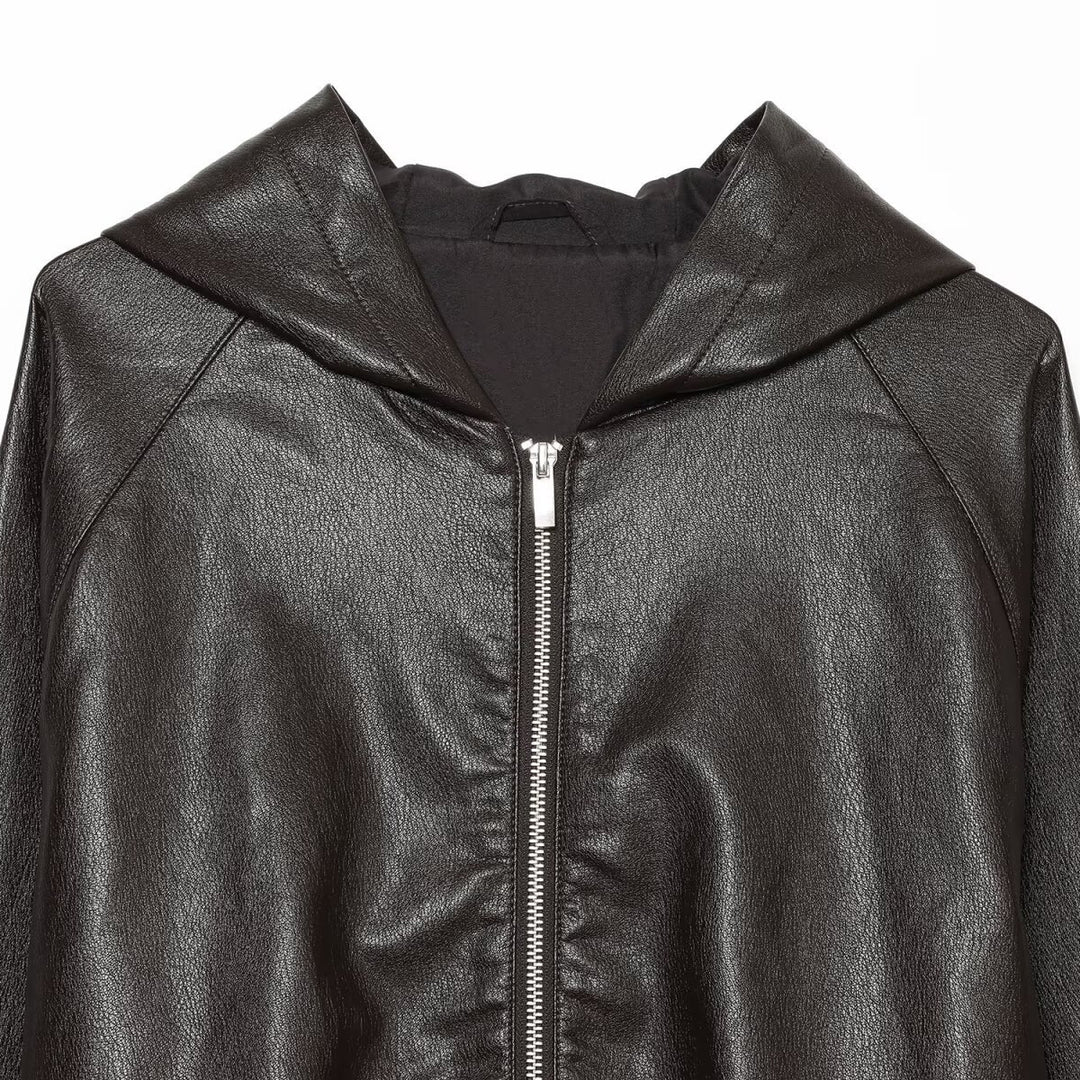 Women's Cropped Faux Leather Bomber Jacket with Hood, Drawstring and Elastic Cuffs Amarae