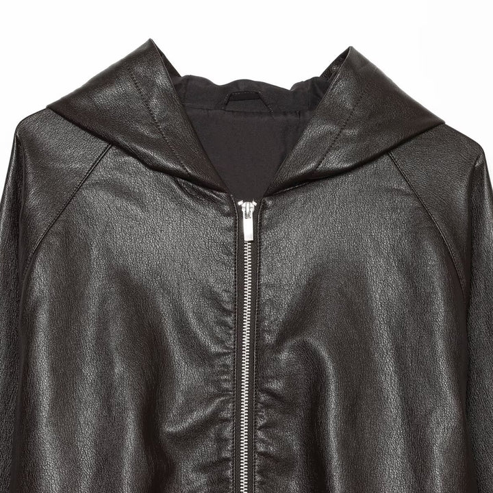 Women's Cropped Faux Leather Bomber Jacket with Hood, Drawstring and Elastic Cuffs Amarae