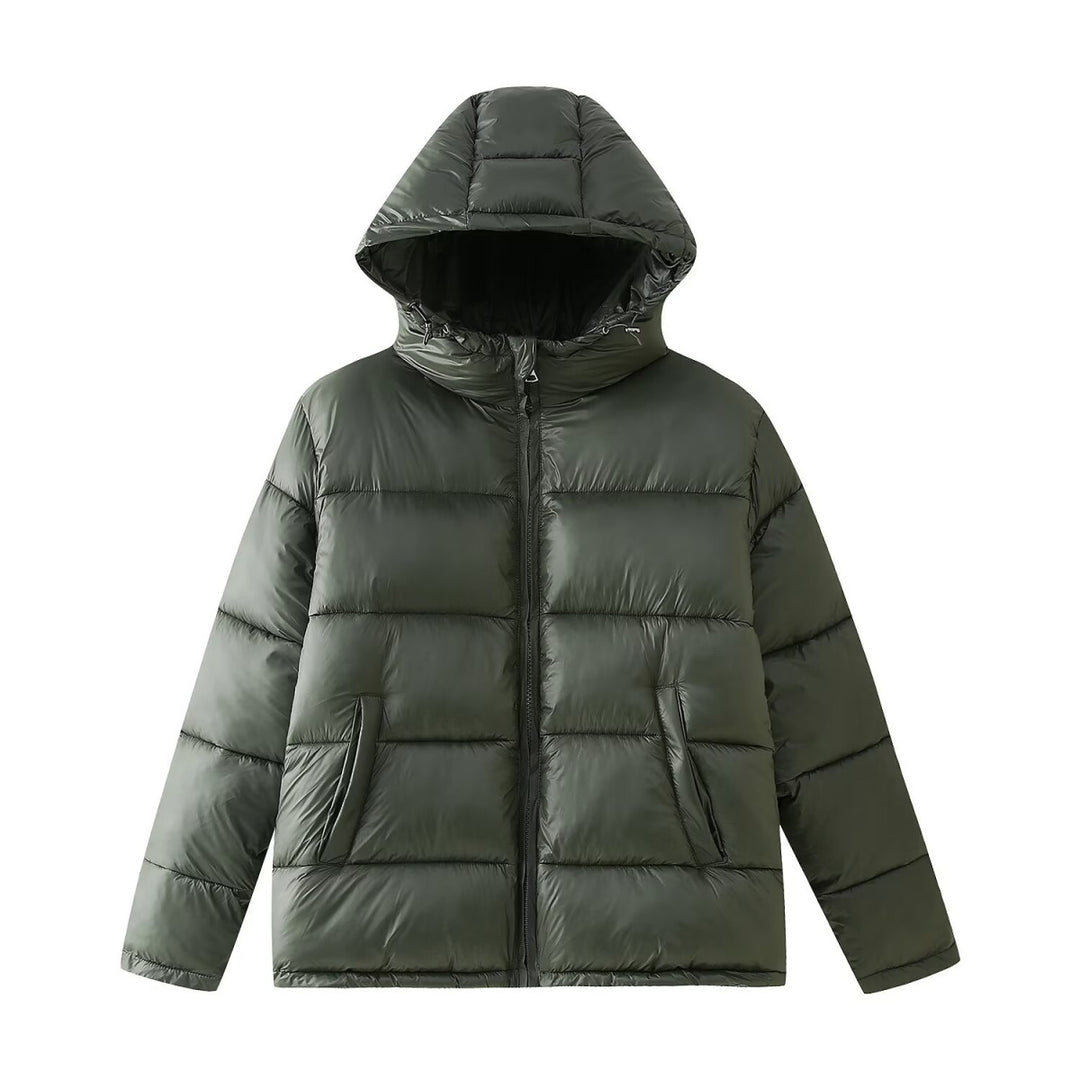 Ladies quilted winter down jacket with hood and practical entry pockets Lune London