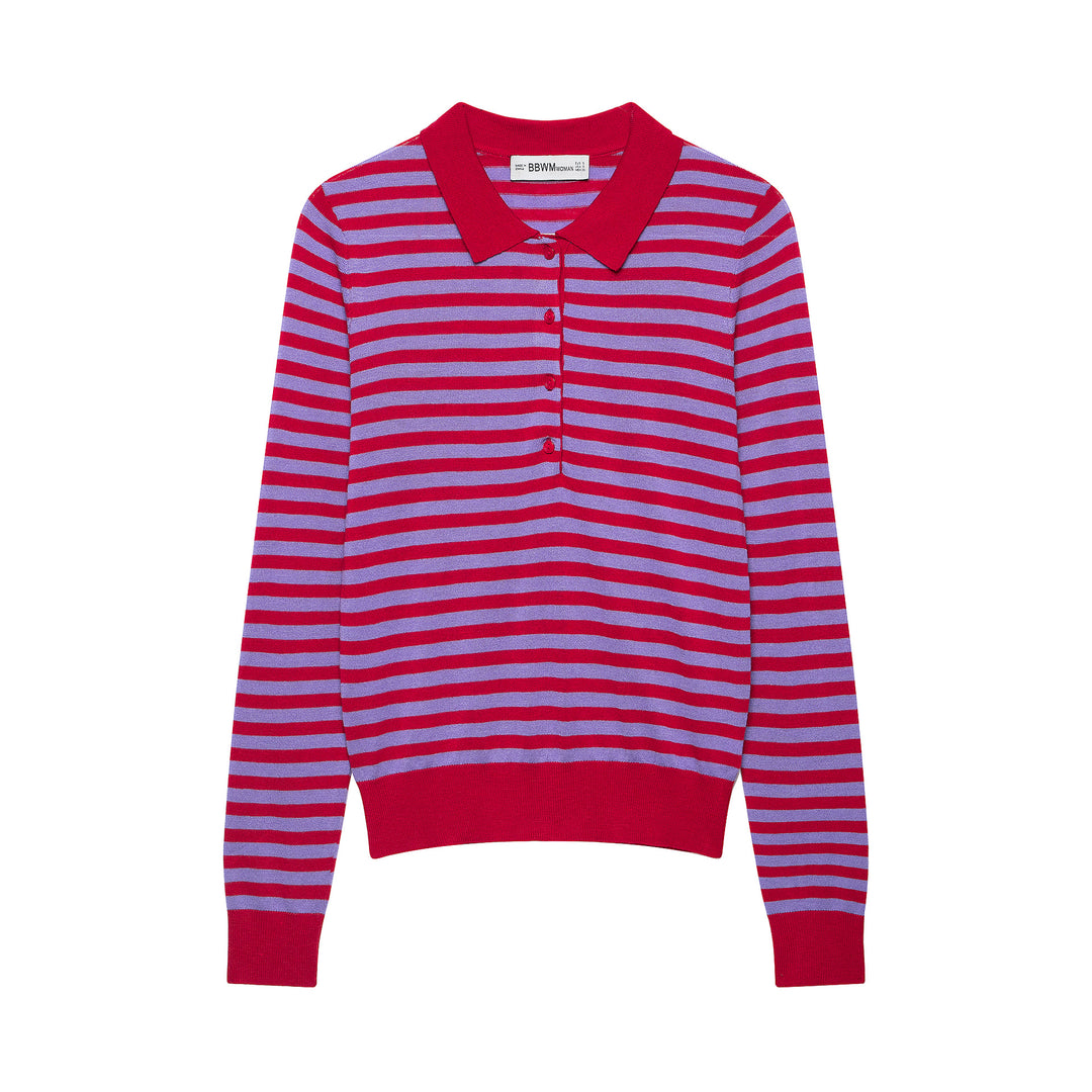 Women's Striped Cropped Polo Cardigan made of Fine Knit with Button Placket Amarae
