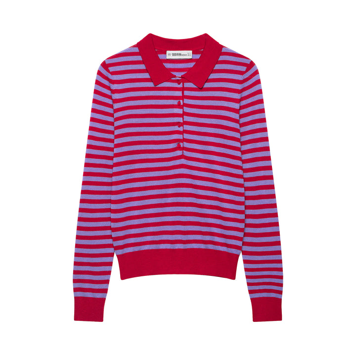 Women's Striped Cropped Polo Cardigan made of Fine Knit with Button Placket Amarae