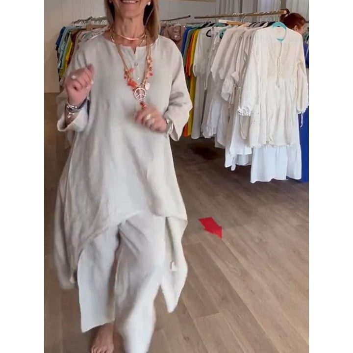 Women's Midi-Length Linen Tunic Set with Asymmetric Hem and Wide Palazzo Pants Amarae