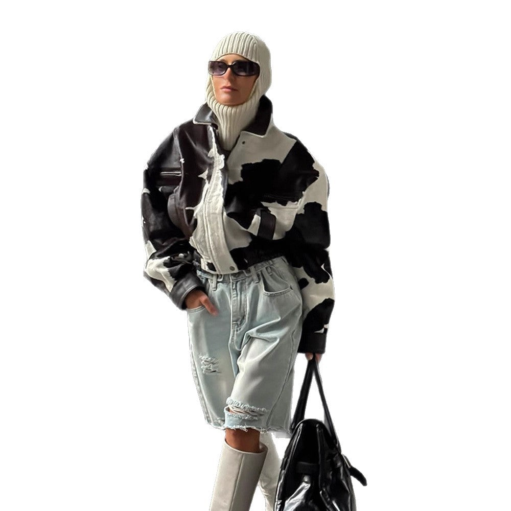 Women Short Cut Boxy Faux Fur Jacket in Cow Spot Pattern Amarae