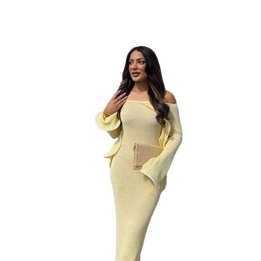 Women's Figure-Hugging Knit Maxi Dress with Off-the-Shoulder Neckline and Flared Sleeves Amarae