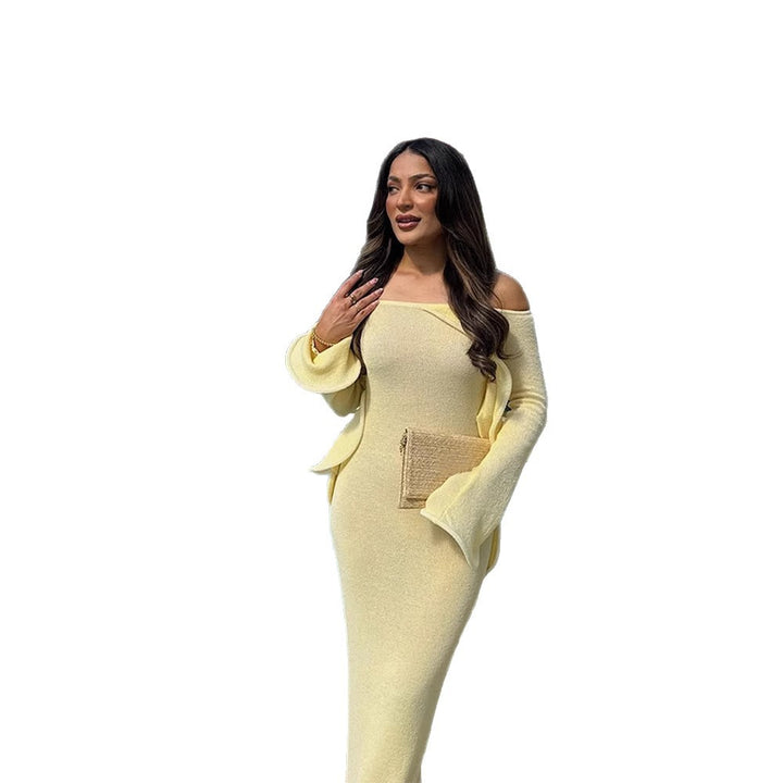 Women's Figure-Hugging Knit Maxi Dress with Off-the-Shoulder Neckline and Flared Sleeves Amarae