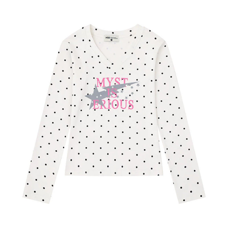 Women's long sleeve shirt made of cotton jersey with polka dot pattern and statement star print Amarae
