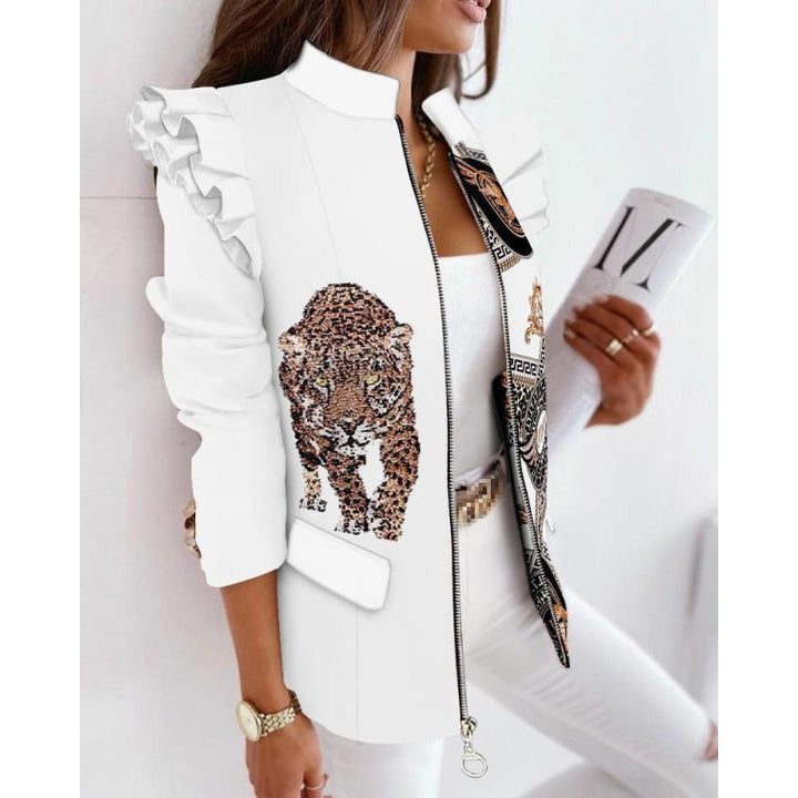 Women's leopard print statement jacket with ruffle shoulder and zipper Amarae