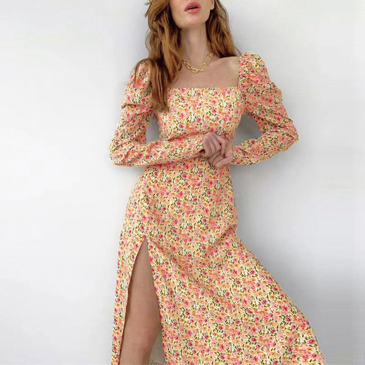 Maxi flower dress for women with asymmetrical slit and puff sleeves Lune London